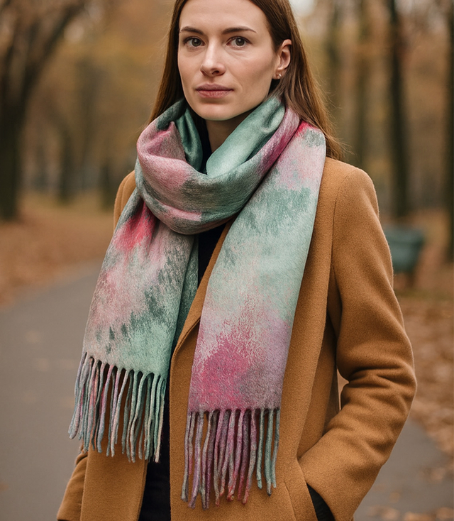 Women's scarf with tie-dye tassel motif