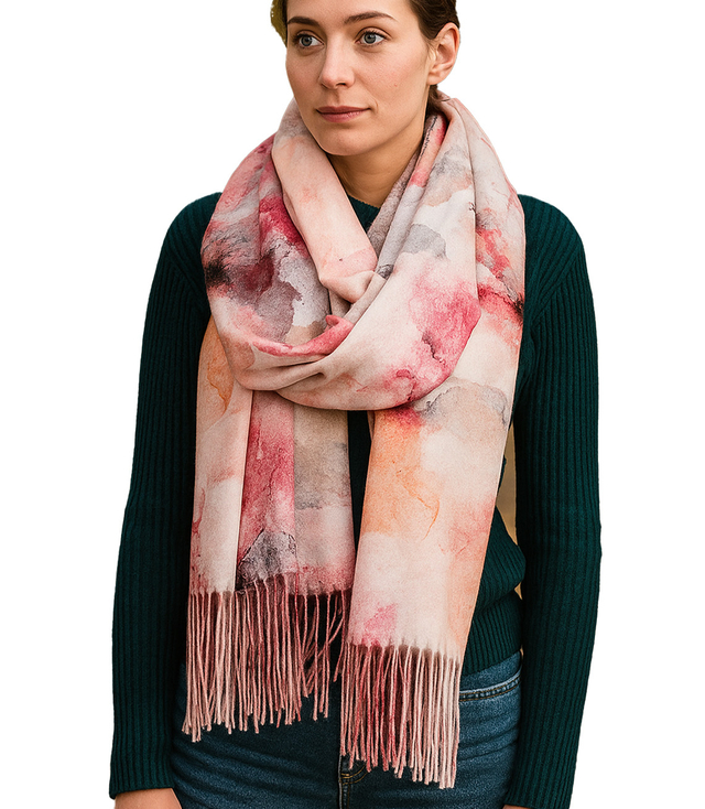 Women's scarf with floral motif and tassels elegant