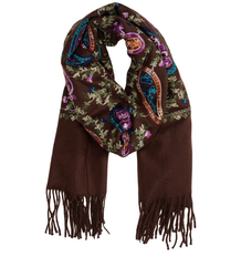 Women's scarf with embroidered pattern and tassels