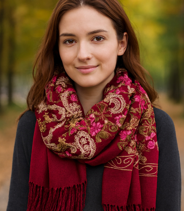 Women's folklore scarf with flower motif and tassels