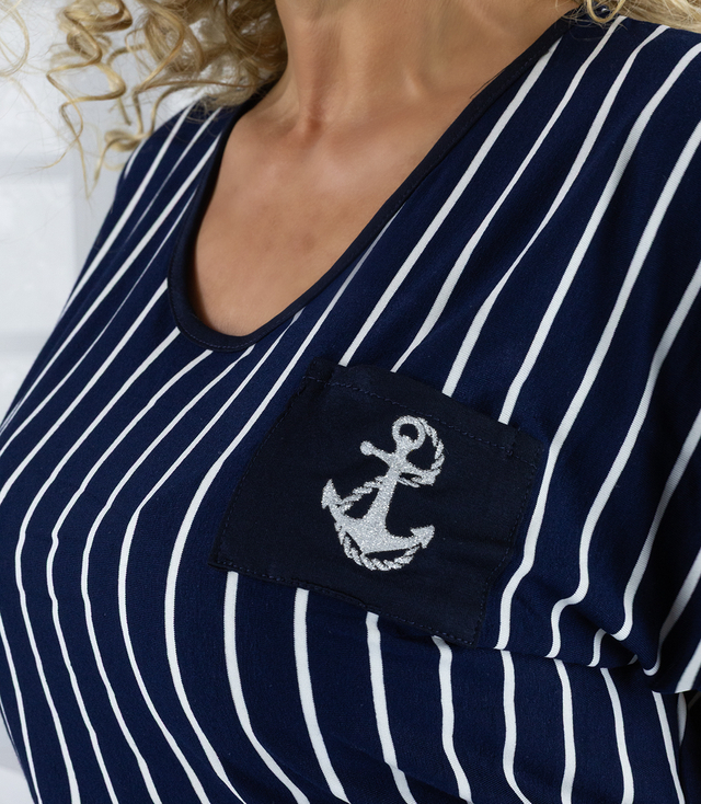 Navy striped midi dress with waist tie MARINA