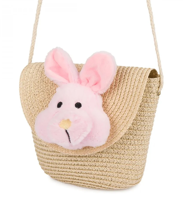 Children's straw bag with plush bunny 