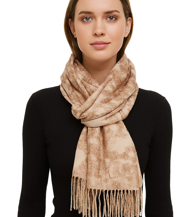 Women's scarf with floral motif and tassels elegant
