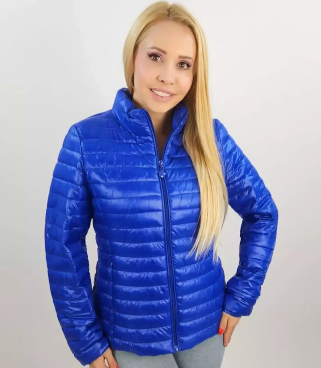 Short transitional quilted jacket with a stand-up collar