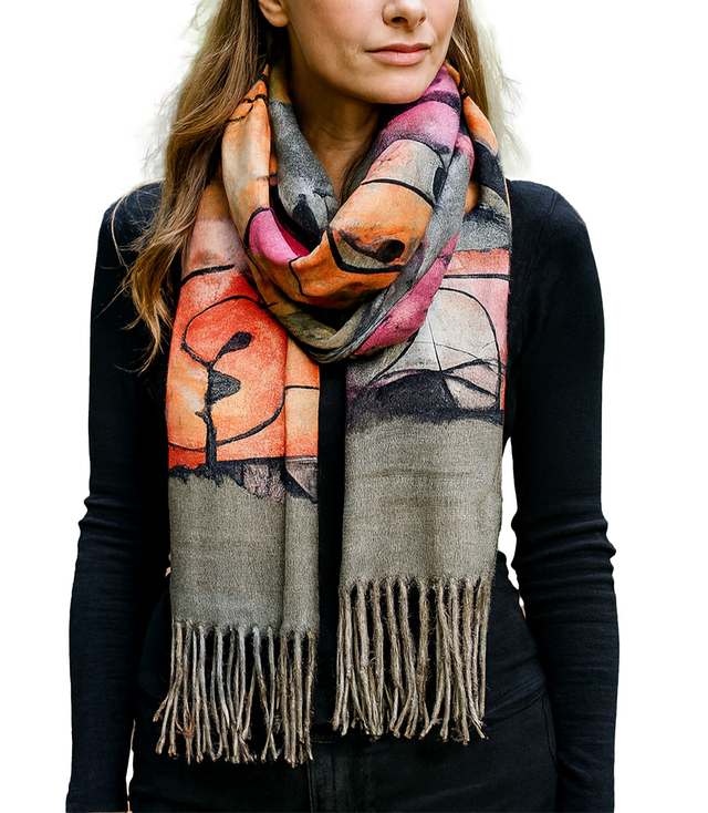 Women's scarf with abstract motif tassels