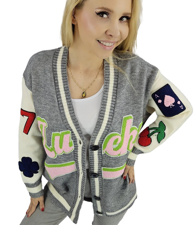 Short cardigan sweater with patches LUCKY 