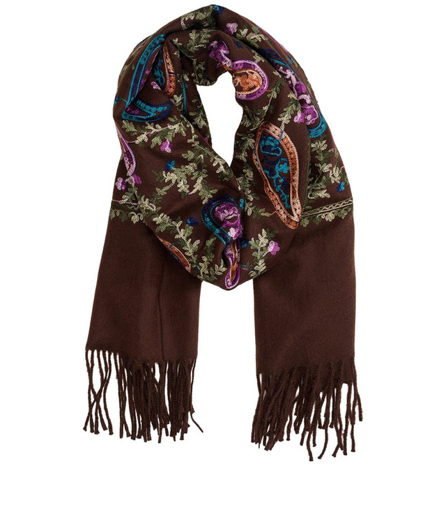 Women's scarf with embroidered pattern and tassels