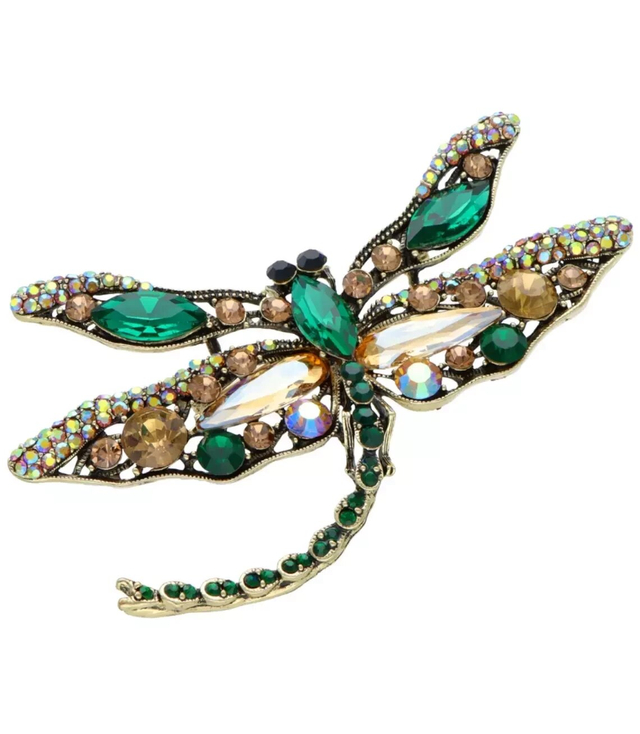 Brooch with zircons green beautiful decorative dragonfly