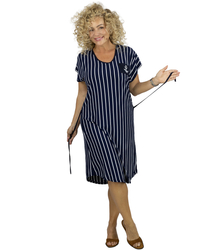 Navy striped midi dress with waist tie MARINA