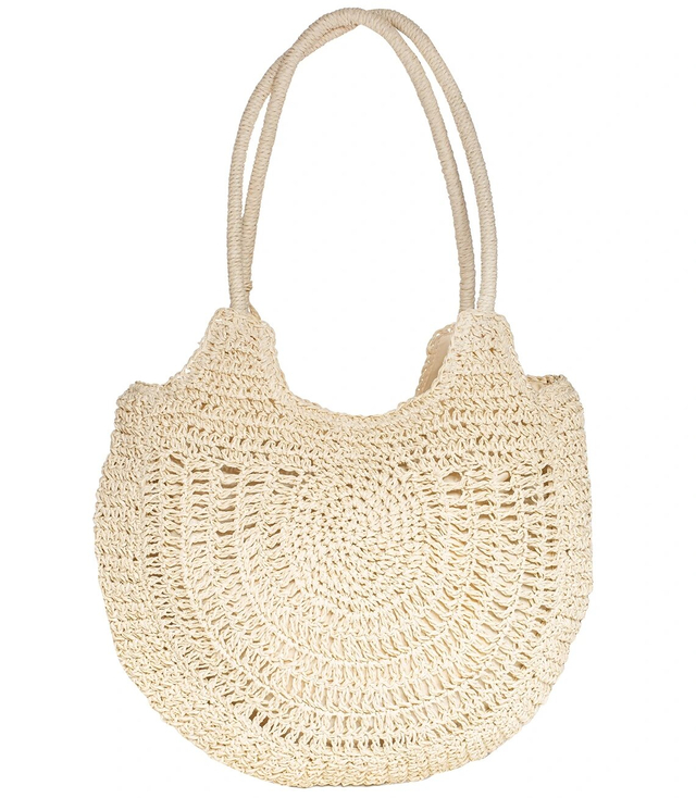 Large round straw beach bag, fully woven