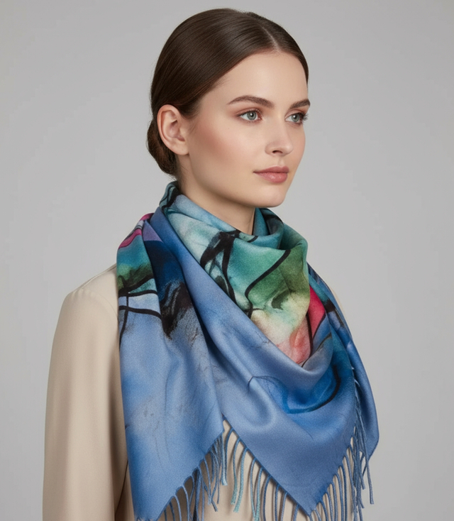 Abstract shawl scarf multicolored elegant with tassels