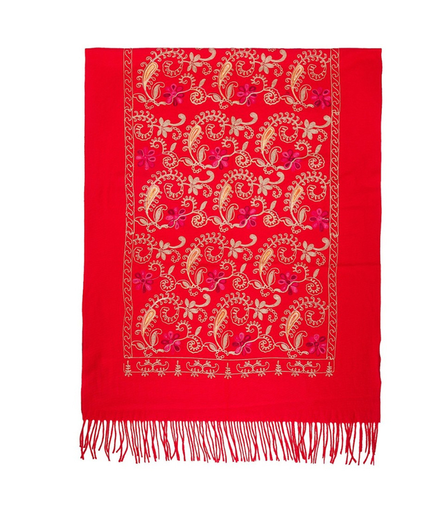 Women's folklore scarf with flower motif and tassels