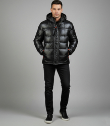 Men's winter quilted jacket with hood and sheen