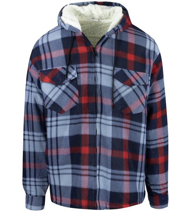 Warm fleece men's plaid shirt with hood insulated with faux fur