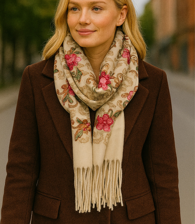 Szal damski folklorowy z kwiatowym haftem