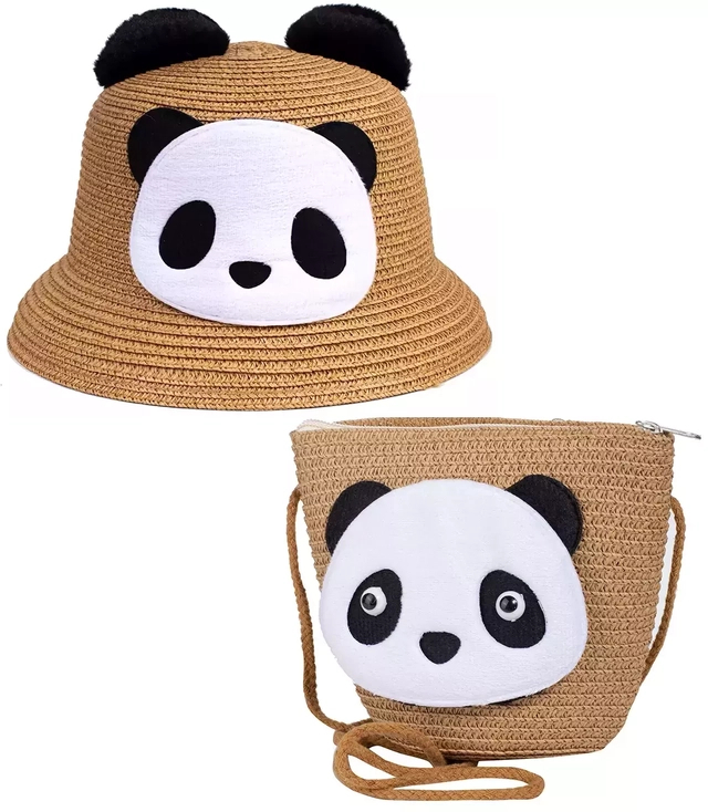 Komplet pleciony kapelusz uszy panda + torebka