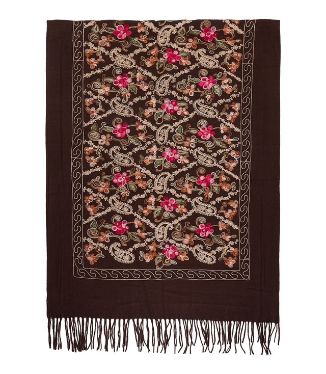 Women's folklore scarf with flower motif and tassels