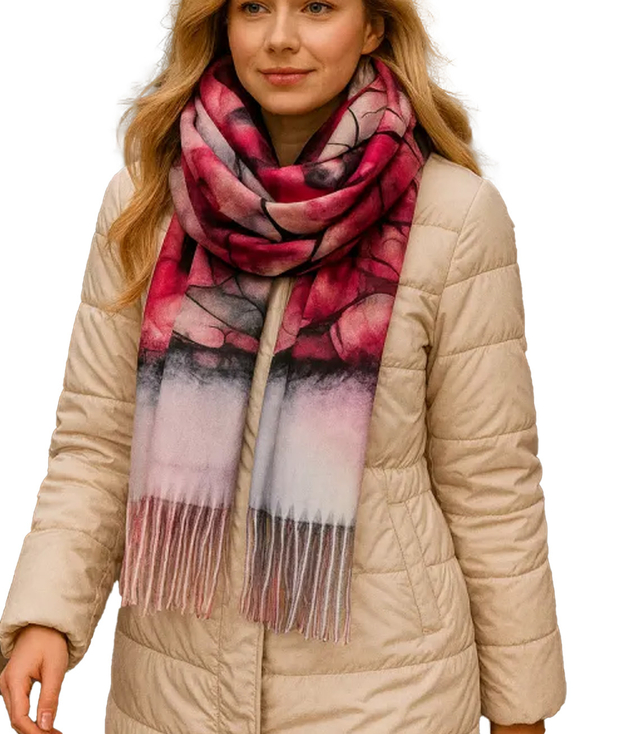 Women's scarf with abstract motif tassels