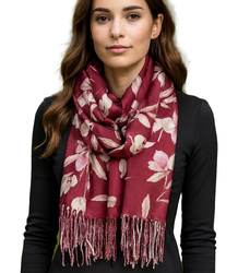 Women's scarf with a motif of small flowers tassels