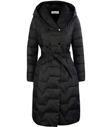 Long winter coat, jacket tied at the waist