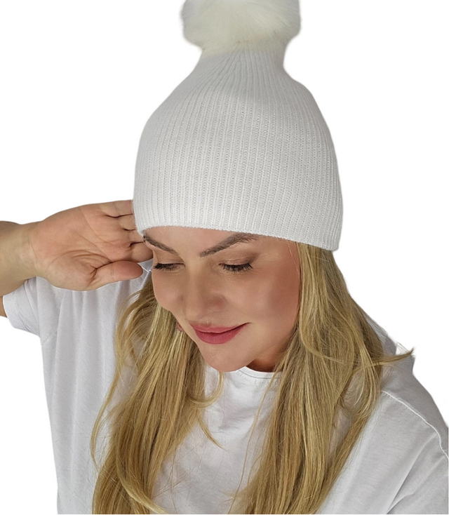 Warm women's beanie with pompon winter autumn ribbed monochrome hat