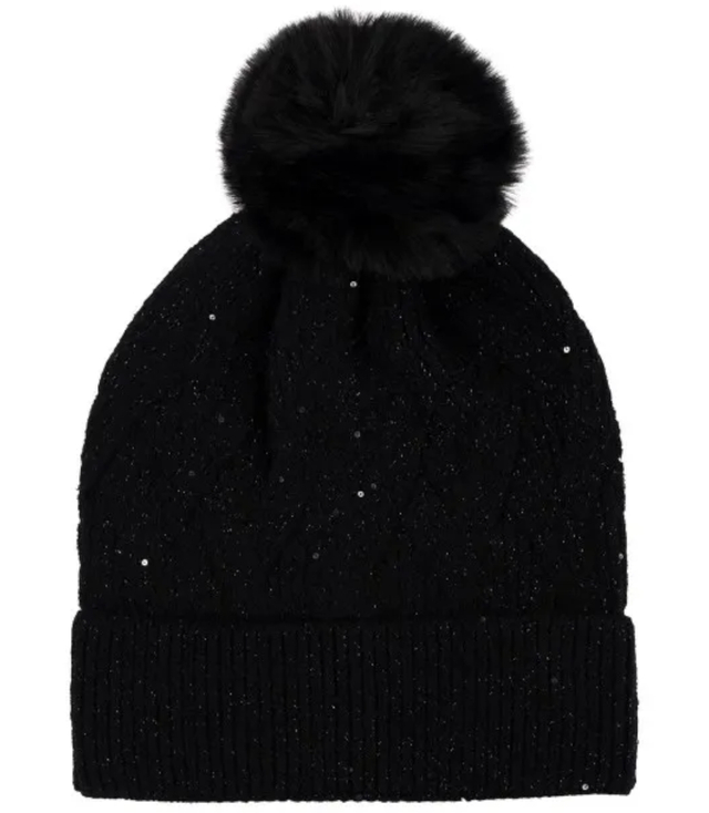 Warm women's beanie with pompon winter autumn with zircons one-color