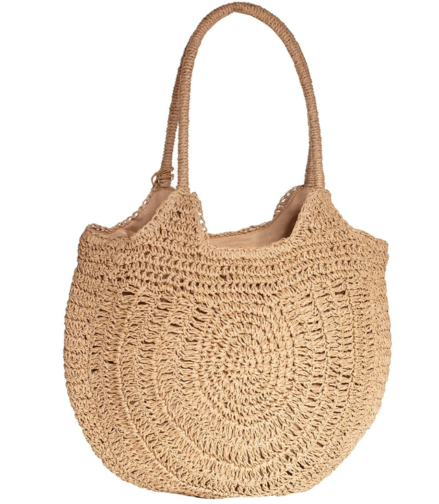 Large round straw beach bag, fully woven