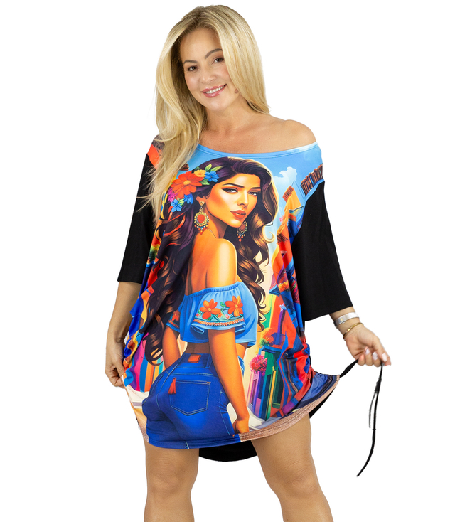 Black tunic dress with colorful print and ties CATALINA