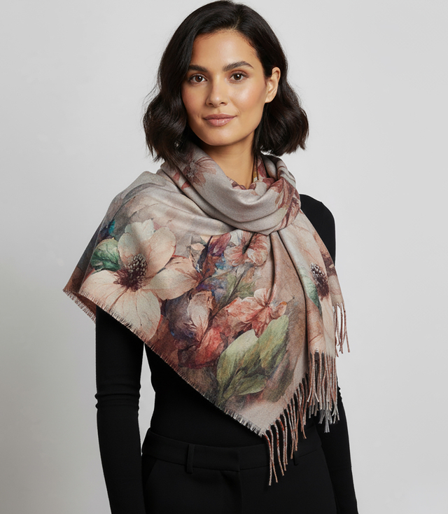 Elegant scarf large flowers with tassels