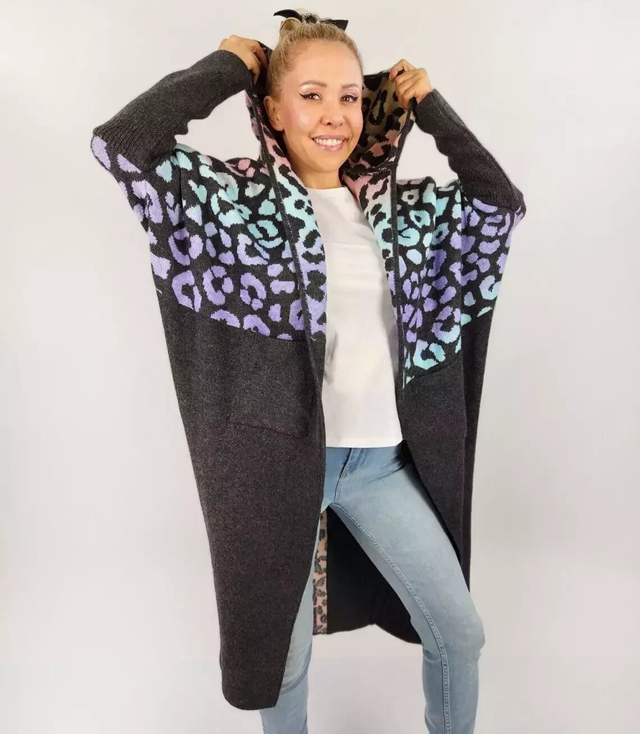 Długi kardigan sweter kolorowa panterka z wełną