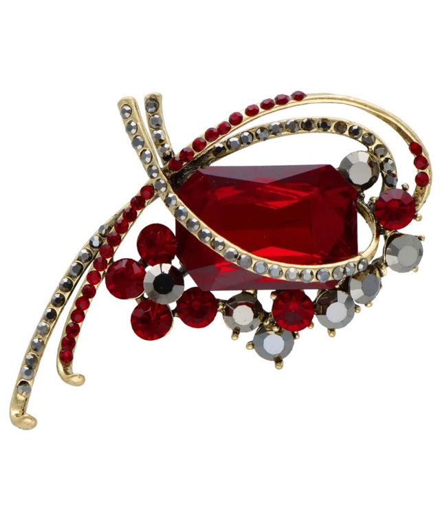Brooch with zircons, crystals, beautiful decorative red safety pin