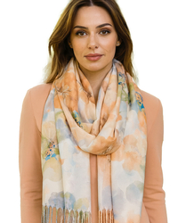 Women's scarf with floral motif and tassels elegant