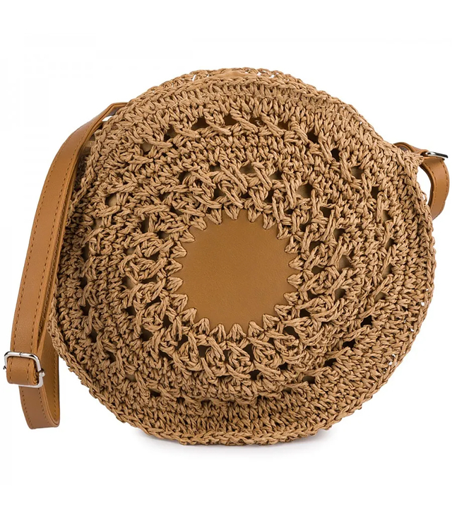 Round braided boho handbag with long strap