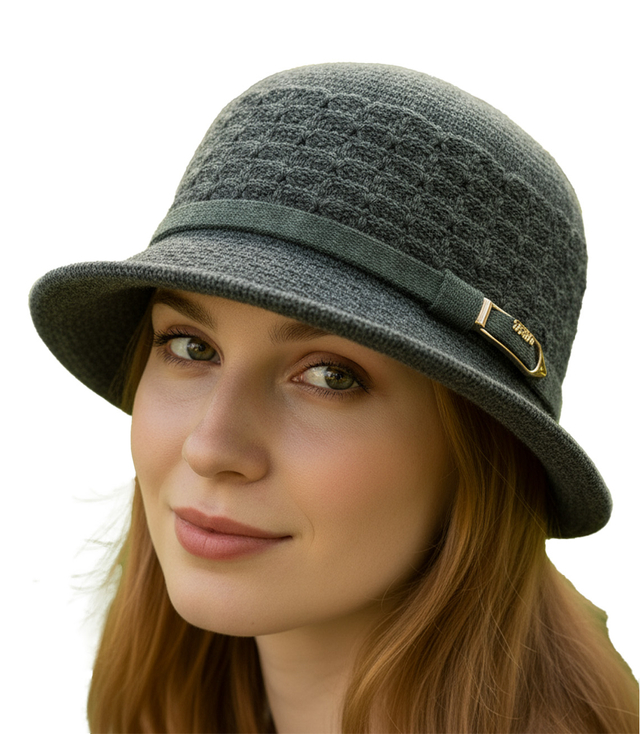 Women's hat with decorative strap and buckle