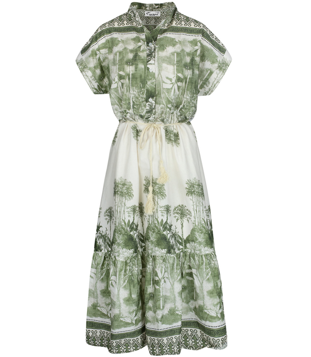 Midi safari print summer dress with a stand-up collar and a NEL belt