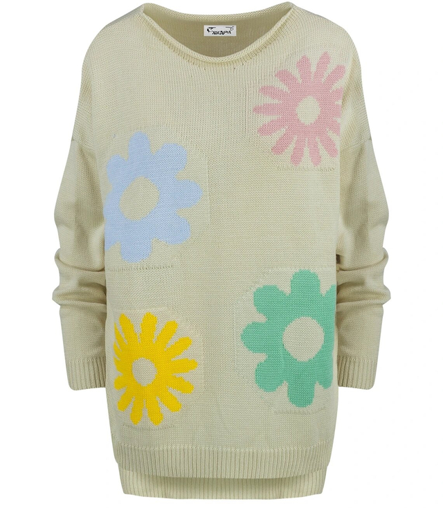 Women's sweater in colorful flowers with a longer back LILANA