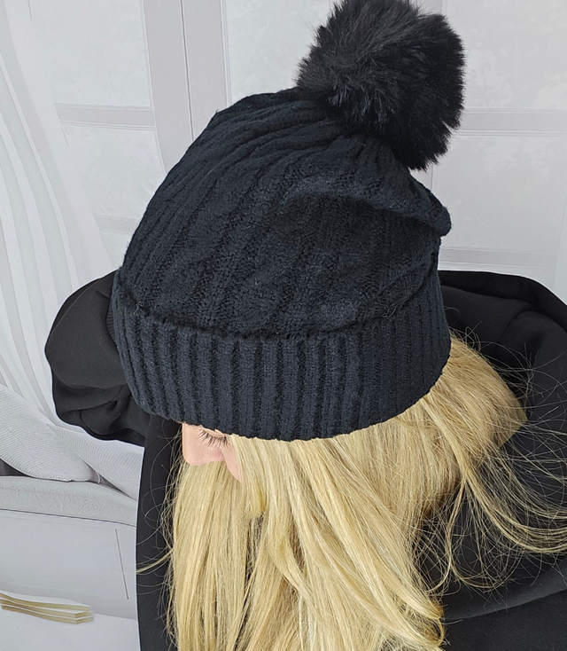 Warm women's cap with pom-pom autumn winter monochrome hat