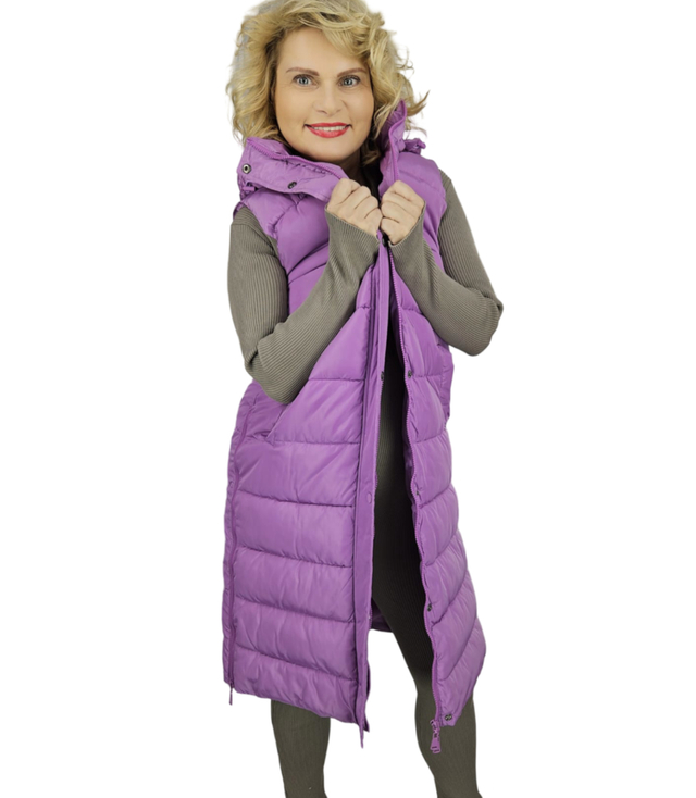 Women's long sleeveless quilted vest with hood TORI