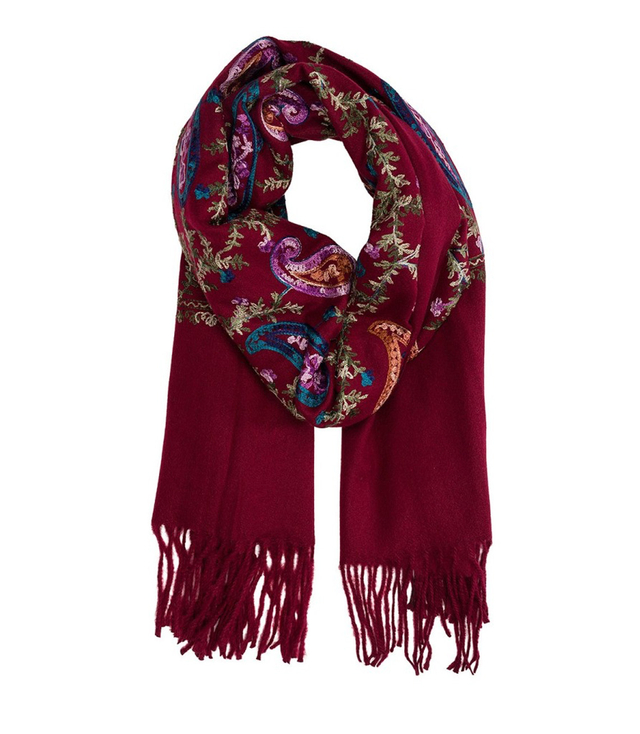 Women's scarf with embroidered pattern and tassels