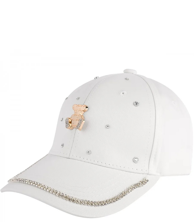 Children's baseball cap decorated with zircons and gold teddy bear