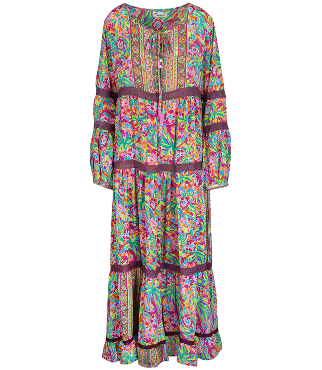 Long, airy ethnic dress with colorful patterns, MILANO silk