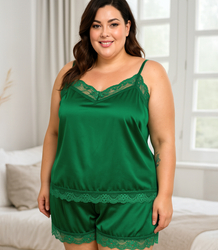 Satin pajama set with lace shorts top petticoat