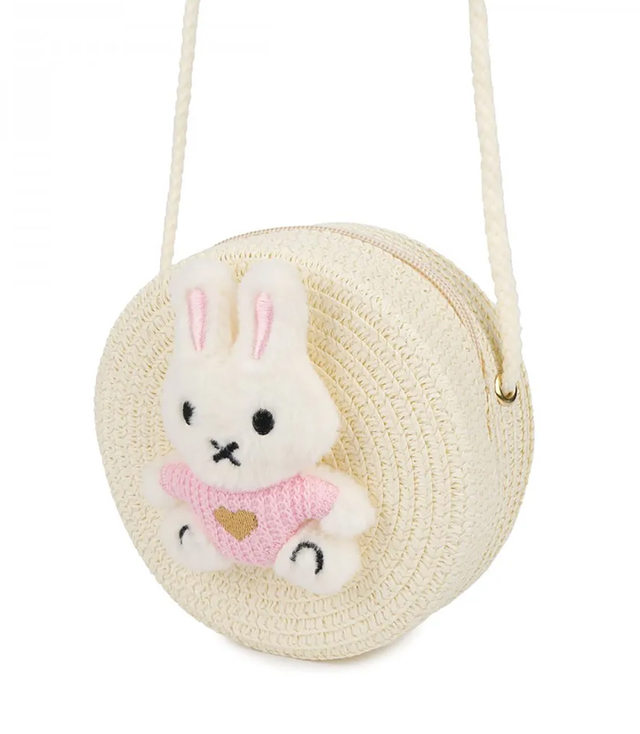 Children's straw bag with plush rabbit
