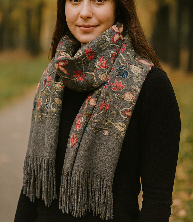 Women's scarf with embroidered pattern and tassels
