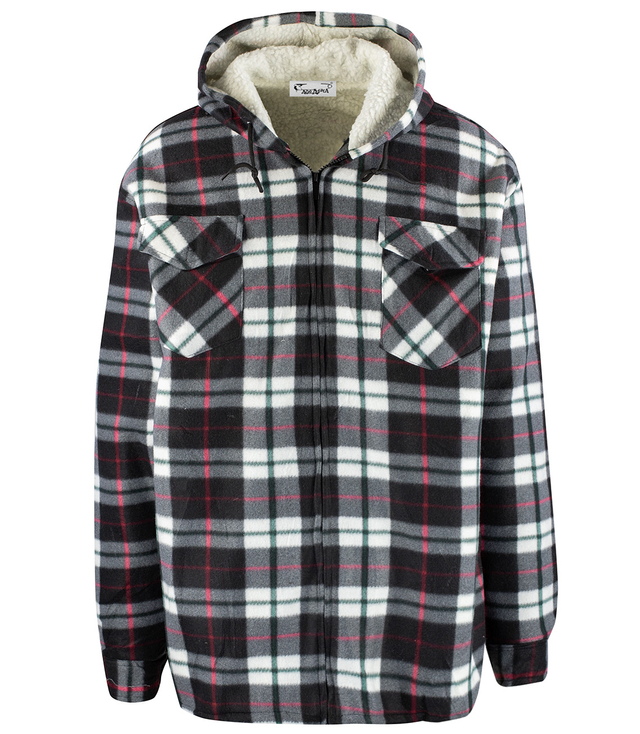 Warm fleece men's plaid shirt with hood insulated with faux fur