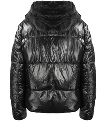 Short winter down jacket with fur hood