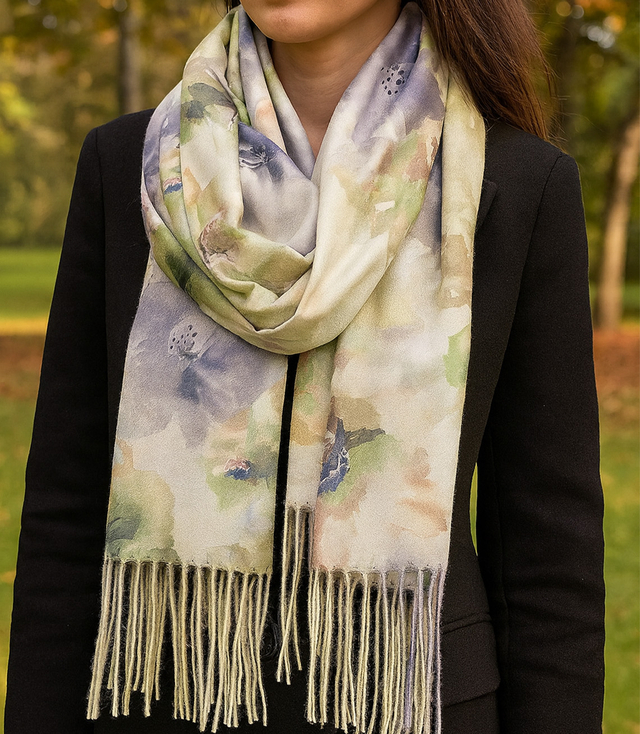 Women's scarf with floral motif and tassels elegant