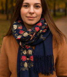 Women's scarf with embroidered pattern and tassels