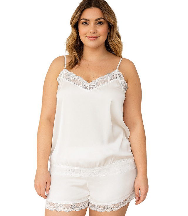Satin pajama set with lace shorts top petticoat