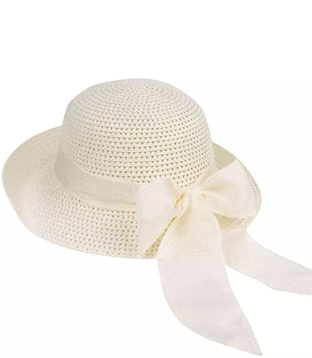 Openwork straw hat with wide ribbon bow